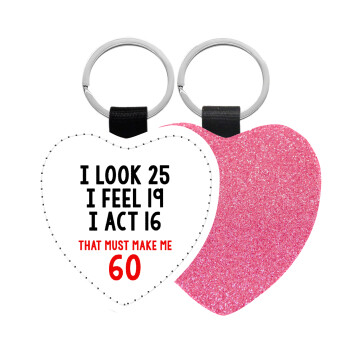 I look, i feel, i act..., Μπρελόκ PU δερμάτινο glitter καρδιά ΡΟΖ