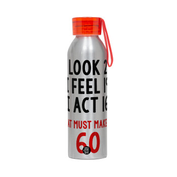 I look, i feel, i act..., Aluminum Sports Bottle 650ml – Silver with Red Cap and Silicone Strap