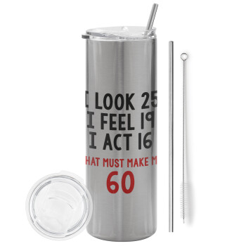 I look, i feel, i act..., Eco friendly stainless steel Silver tumbler 600ml, with metal straw & cleaning brush