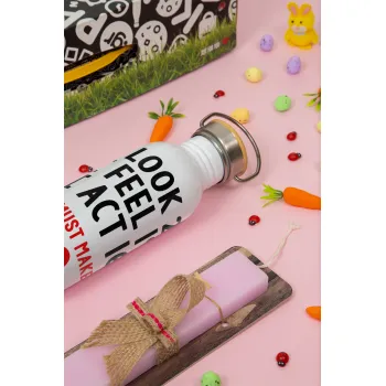 I look, i feel, i act..., Πασχαλινή Λαμπάδα με παγούρι μεταλλικό (620ml, stainless steel) & κερί αρωματικό πλακέ (30cm) (ΡΟΖ)