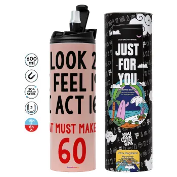 I look, i feel, i act..., Tumbler ποτήρι θερμό ΡΟΖ από ανοξείδωτο ατσάλι 600ml