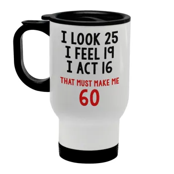 I look, i feel, i act..., Stainless steel travel mug with lid, double wall white 450ml