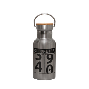 OLDOMETER, Stainless steel metallic thermos flask, silver with a bamboo lid, double-walled, 350ml.