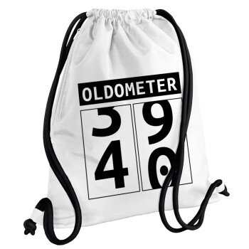 OLDOMETER, Backpack pouch GYMBAG white, with pocket (40x48cm) & thick cords