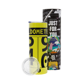 OLDOMETER, Neon Yellow Travel Tumbler θερμό, μεταλλικό καλαμάκι(Ανωξείδωτο 304 Food grade, BPA free, 600ml)