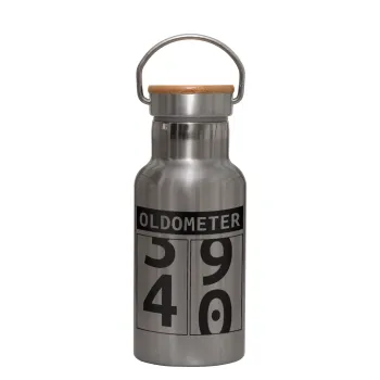 OLDOMETER, Μεταλλικό παγούρι θερμός (Stainless steel) Ασημένιο με ξύλινο καπακι (bamboo), διπλού τοιχώματος, 350ml