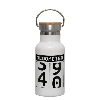 OLDOMETER, Μεταλλικό παγούρι θερμός (Stainless steel) Λευκό με ξύλινο καπακι (bamboo), διπλού τοιχώματος, 350ml