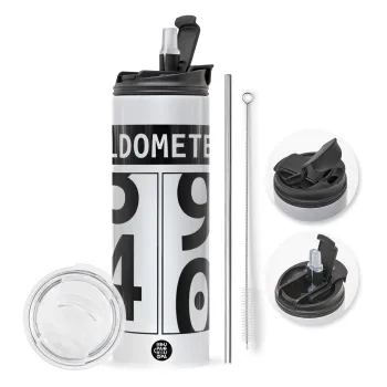 OLDOMETER, Travel Tumbler θερμό με διπλό καπάκι, μεταλλικό καλαμάκι και βούρτσα καθαρισμού (Ανωξείδωτο 304 Food grade, BPA free, 600ml)