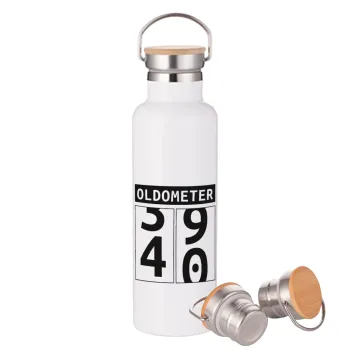 OLDOMETER, Μεταλλικό παγούρι θερμός (Stainless steel) Λευκό με ξύλινο καπάκι (bamboo), διπλού τοιχώματος, 750ml