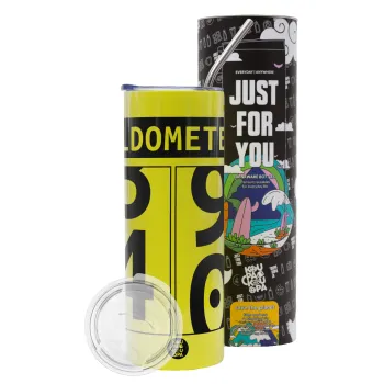OLDOMETER, Neon Yellow Travel Tumbler θερμό, μεταλλικό καλαμάκι(Ανωξείδωτο 304 Food grade, BPA free, 600ml)