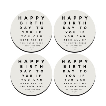 EYE tester happy birthday., SET of 4 round wooden coasters (9cm)