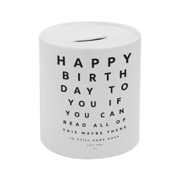 EYE tester happy birthday., Κουμπαράς πορσελάνης με τάπα