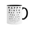 EYE tester happy birthday., Κούπα χρωματιστή μαύρη, κεραμική, 330ml