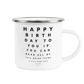 EYE tester happy birthday., Κούπα Μεταλλική εμαγιέ λευκη 360ml