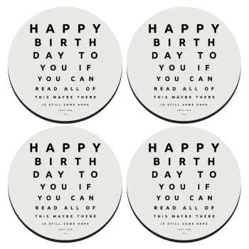 EYE tester happy birthday., ΣΕΤ 4 Σουβέρ ξύλινα στρογγυλά (9cm)