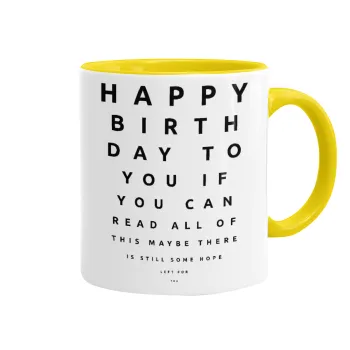 EYE tester happy birthday., Mug colored yellow, ceramic, 330ml