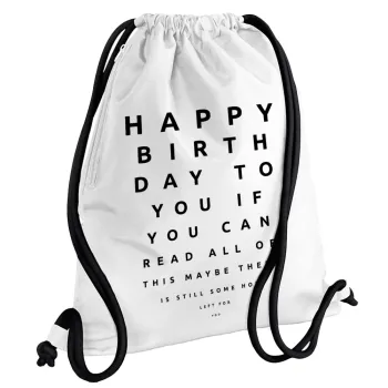 EYE tester happy birthday., Τσάντα πλάτης πουγκί GYMBAG λευκή, με τσέπη (40x48cm) & χονδρά κορδόνια