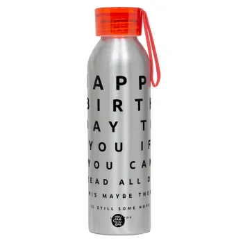 EYE tester happy birthday., Αλουμινένιο Αθλητικό Μπουκάλι 650ml – Ασημί με Κόκκινο Καπάκι και Λουράκι Σιλικόνης