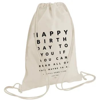 EYE tester happy birthday., Backpack bag GYMBAG natural (28x40cm)