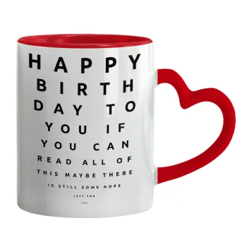 EYE tester happy birthday., Κούπα καρδιά χερούλι κόκκινη, κεραμική, 330ml