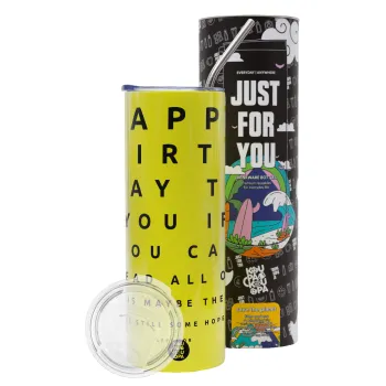EYE tester happy birthday., Neon Yellow Travel Tumbler θερμό, μεταλλικό καλαμάκι(Ανωξείδωτο 304 Food grade, BPA free, 600ml)