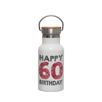 Happy 60 birthday!!!, Μεταλλικό παγούρι θερμός (Stainless steel) Λευκό με ξύλινο καπακι (bamboo), διπλού τοιχώματος, 350ml