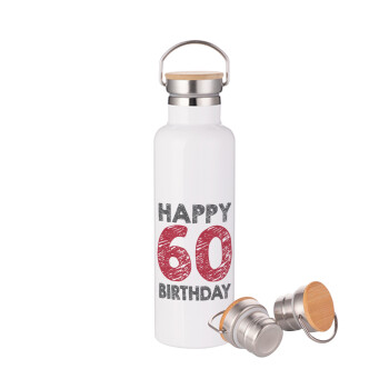 Happy 60 birthday!!!, Μεταλλικό παγούρι θερμός (Stainless steel) Λευκό με ξύλινο καπακι (bamboo), διπλού τοιχώματος, 750ml