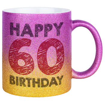 Happy 60 birthday!!!, Κούπα Χρυσή/Ροζ Glitter, κεραμική, 330ml
