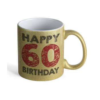 Happy 60 birthday!!!, Κούπα Χρυσή Glitter που γυαλίζει, κεραμική, 330ml