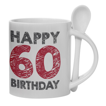 Happy 60 birthday!!!, Ceramic coffee mug with Spoon, 330ml (1pcs)