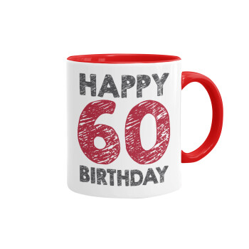 Happy 60 birthday!!!, Κούπα χρωματιστή κόκκινη, κεραμική, 330ml