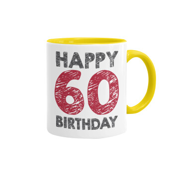 Happy 60 birthday!!!, Κούπα χρωματιστή κίτρινη, κεραμική, 330ml