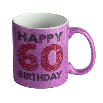 Happy 60 birthday!!!, Κούπα Μωβ Glitter που γυαλίζει, κεραμική, 330ml