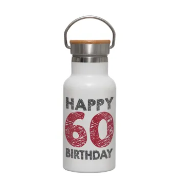 Happy 60 birthday!!!, Metallic thermos (Stainless steel) White with wooden lid (bamboo), double-walled, 350ml