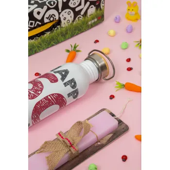 Happy 60 birthday!!!, Πασχαλινή Λαμπάδα με παγούρι μεταλλικό (620ml, stainless steel) & κερί αρωματικό πλακέ (30cm) (ΡΟΖ)