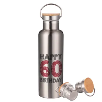 Happy 60 birthday!!!, Μεταλλικό παγούρι θερμός (Stainless steel) Ασημένιο με ξύλινο καπακι (bamboo), διπλού τοιχώματος, 750ml
