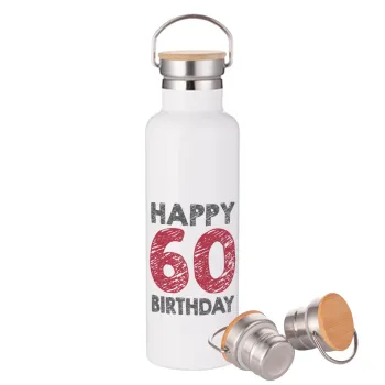 Happy 60 birthday!!!, Μεταλλικό παγούρι θερμός (Stainless steel) Λευκό με ξύλινο καπάκι (bamboo), διπλού τοιχώματος, 750ml