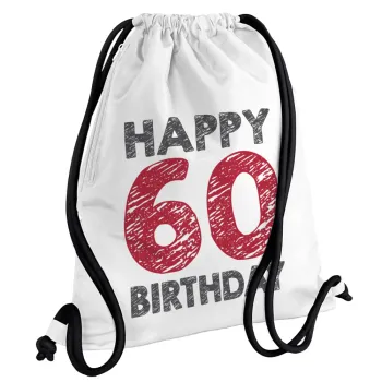 Happy 60 birthday!!!, Backpack pouch GYMBAG white, with pocket (40x48cm) & thick cords