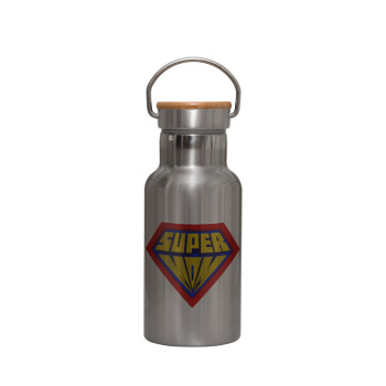 Super Mom 3D, Stainless steel metallic thermos flask, silver with a bamboo lid, double-walled, 350ml.