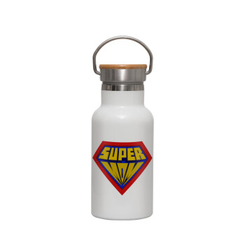 Super Mom 3D, Μεταλλικό παγούρι θερμός (Stainless steel) Λευκό με ξύλινο καπακι (bamboo), διπλού τοιχώματος, 350ml