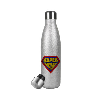 Super Mom 3D, Μεταλλικό παγούρι θερμός Glitter Aσημένιο (Stainless steel), διπλού τοιχώματος, 500ml