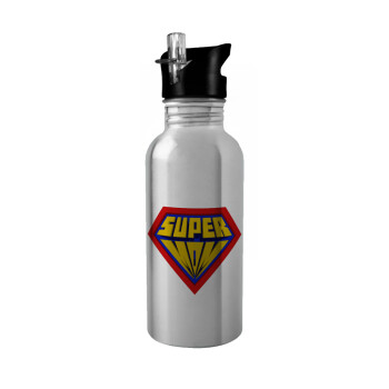 Super Mom 3D, Water bottle Silver with straw, stainless steel 600ml