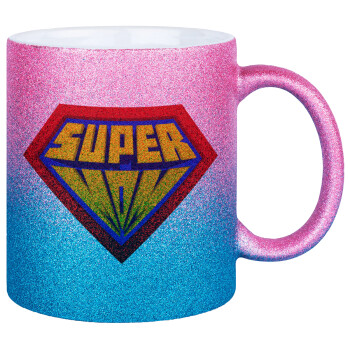 Super Mom 3D, Κούπα Χρυσή/Μπλε Glitter, κεραμική, 330ml