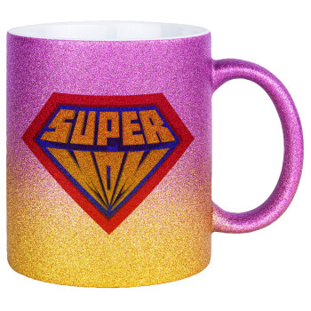 Super Mom 3D, Κούπα Χρυσή/Ροζ Glitter, κεραμική, 330ml