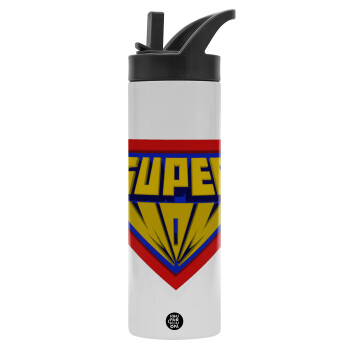 Super Mom 3D, Metallic thermos bottle with straw & handle, stainless steel (Stainless steel 304), double-walled, 600ml.