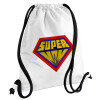 Super Mom 3D, Τσάντα πλάτης πουγκί GYMBAG λευκή, με τσέπη (40x48cm) & χονδρά κορδόνια