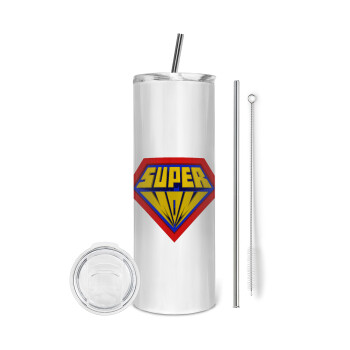 Super Mom 3D, Tumbler ποτήρι θερμό από ανοξείδωτο ατσάλι 600ml, με μεταλλικό καλαμάκι & βούρτσα καθαρισμού
