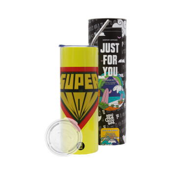 Super Mom 3D, Neon Yellow Travel Tumbler θερμό, μεταλλικό καλαμάκι(Ανωξείδωτο 304 Food grade, BPA free, 600ml)