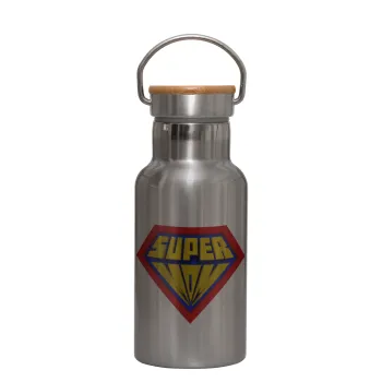 Super Mom 3D, Μεταλλικό παγούρι θερμός (Stainless steel) Ασημένιο με ξύλινο καπακι (bamboo), διπλού τοιχώματος, 350ml