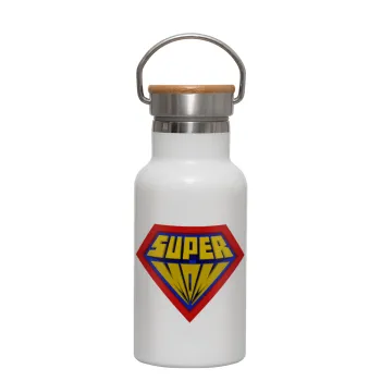 Super Mom 3D, Μεταλλικό παγούρι θερμός (Stainless steel) Λευκό με ξύλινο καπακι (bamboo), διπλού τοιχώματος, 350ml